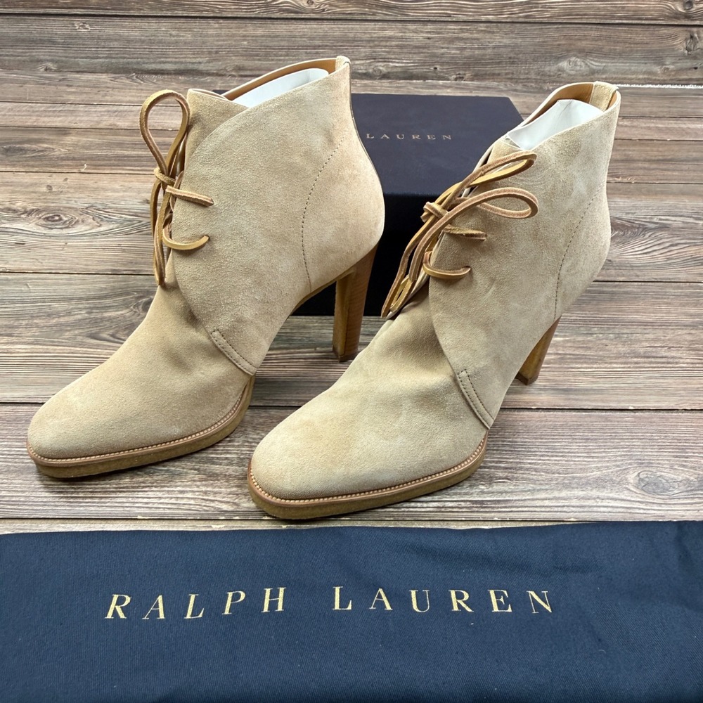 Ralph Lauren Womens EU 41 Briella Ankle Boots Beige Suede Lace Up Heel Excellent